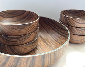 Retro Fruit Bowl Serving Set - 'Robex', Wood Effect Fruit Bowl & 6 Small Bowls, c1970', Made in Italy, Retro Kitchenalia, Camper-Van Style