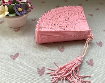 Retro Avon - Fan Shaped Pomander, Pink Plastic, Embossed Scroll Pattern, Empty, Nostalgic Vintage, Bedroom Accent, Gift for Her