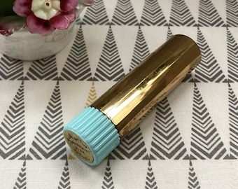 Vintage Lipstick - Angel Face by Ponds, 'Peppermint Pink', Used, Facetted Brass Coloured Case, Ridged Blue Plastic Winder, Vintage Cosmetics