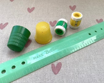 Retro Knitting Haberdashery Set - Greens and Yellows, Rotally Row Counters, Plastic Thimbles & Ruler, Quirky Knitting Accessory Gift