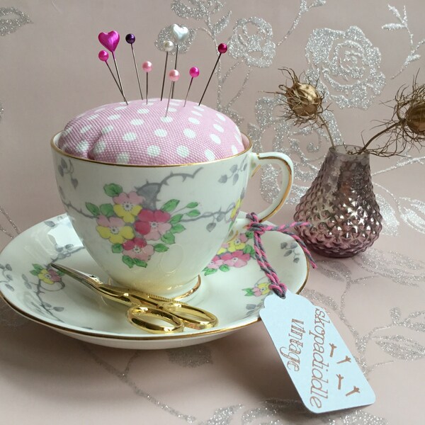 Upcycled Vintage Cup and Saucer Pin Cushion -'Old Royal Bone China', c1940's, Made in England, Sewing room, Gift for Her