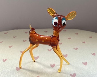 Retro Glass Fawn Ornament - Quirky 'Bambi' Figurine, Startled Expression, Amber Glass Fawn, Big Eyed, Retro Ornament Gift