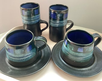 Retro Stoneware - Newlyn Pottery, 'Celtic' Medallion Blue, Tall Coffee Mugs and Cups and Saucers, 1970's,  Retro Dining, Camper Van Styling