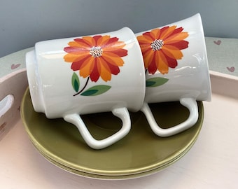 Retro Meakin Pottery - ‘Dahlia’, Coffee Cups and Saucers, J & G Meakin, England,  Vibrant Orange Flowers, Retro Kitchenalia, Camper Van