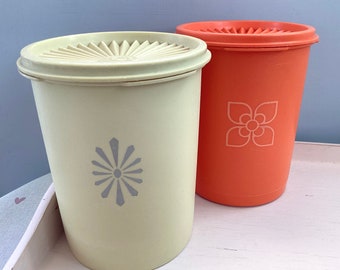 Retro Tupperware Storage - Harvest Servalier, Sunburst Lids, Set of 2 Tall Lidded Storage Containers, Orange and Yellow, Retro Kitchen Decor