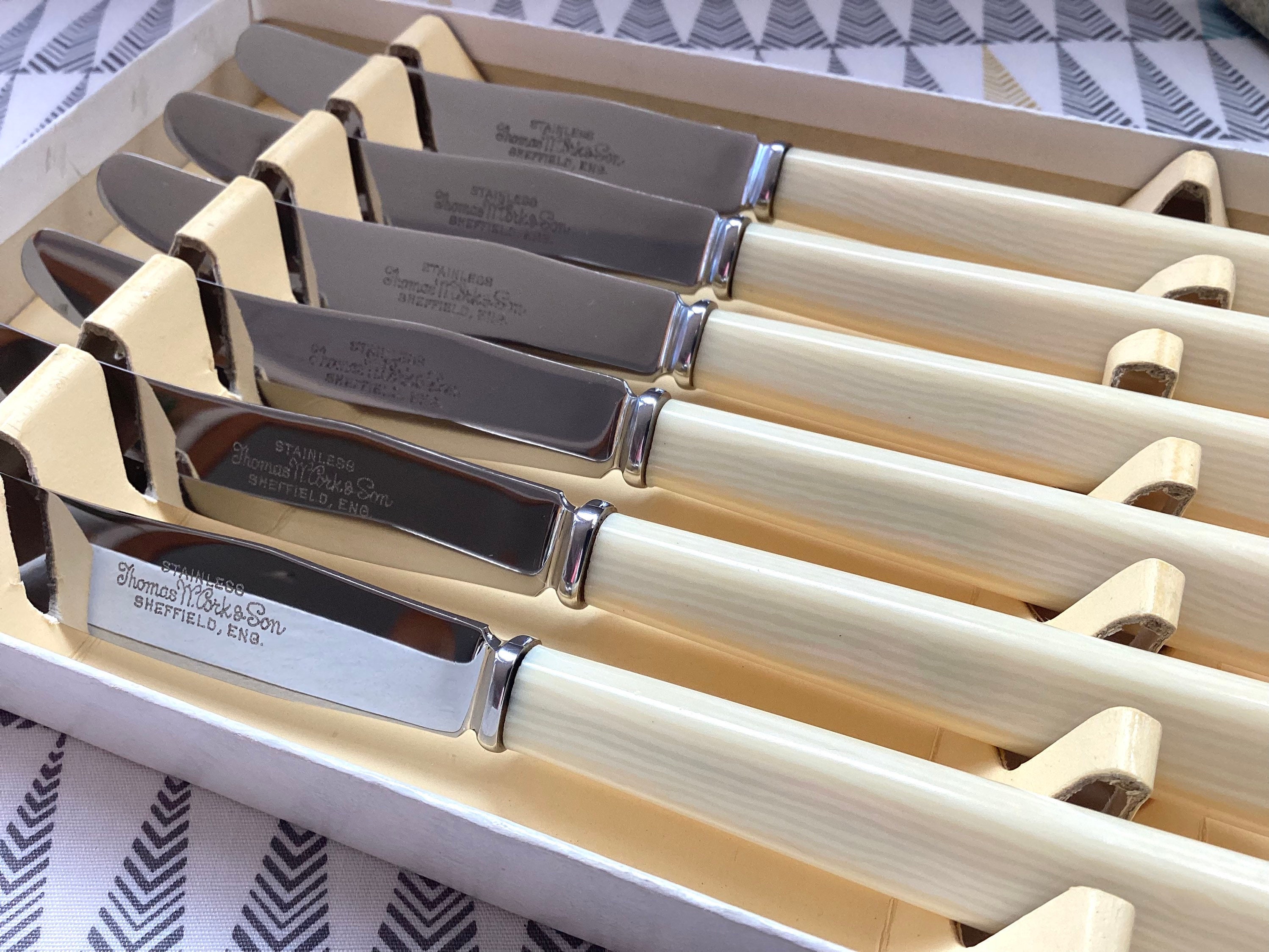 Stainless Steel Blade Knives High Quality Sheffield Knife Set Celluloid  Handles Boxed Set of 6 Excellent Condition 
