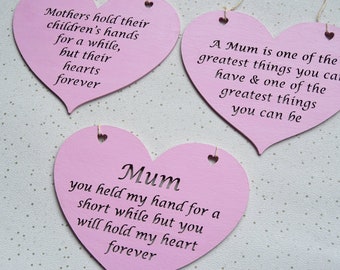 Hand Painted Pink Wooden Mother Heart Sign, Wood Mother’s Day Gift Plaque, Keepsake for Mummy, Mum Quote Sayings