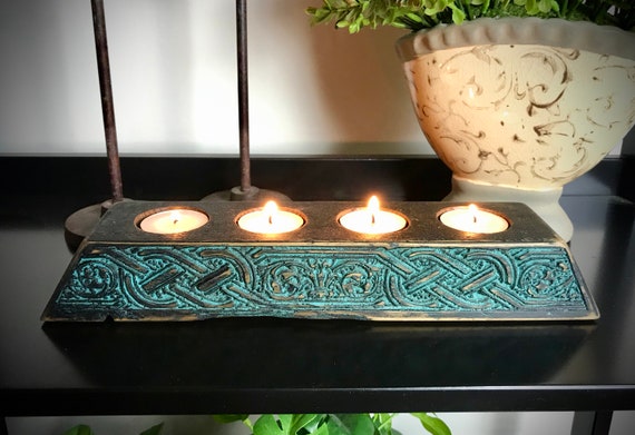 Large Wooden Antique Styled Medieval Celtic Knot Candle Holder Holds Six Tea Candles Renaissance Style