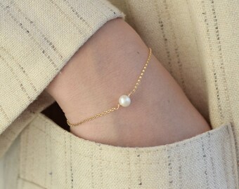 Dainty Pearl Bracelet, Elegant Single White Pearl Bracelet For Women | 14k Gold Filled