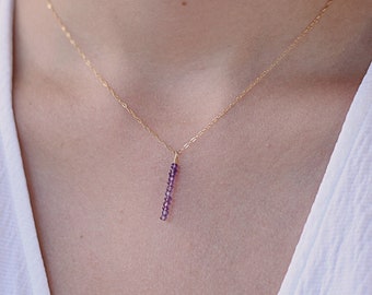 Amethyst Bar Necklace, February Birthstone Lariat, Dainty Purple Gemsotne Drop Necklace | 14k Gold-Filled
