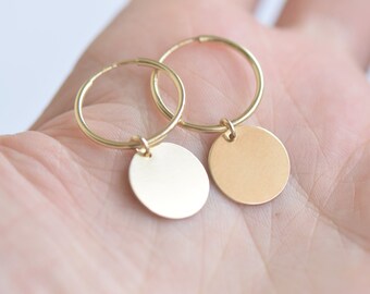 Gold Disc Earrings, Simple Circle Hoops | 14k Gold Filled
