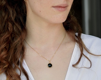 Gold Black Onyx Necklace, Elegant Large Round Pendant Necklace For Women | 14k Gold Filled