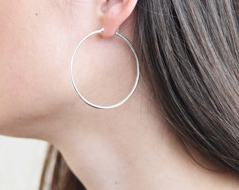 Pair of Sterling Silver Medium Hoop Earrings, Simple Large Circle Hoops, Dainty Everyday Earrings For Women | 925 Sterling Silver