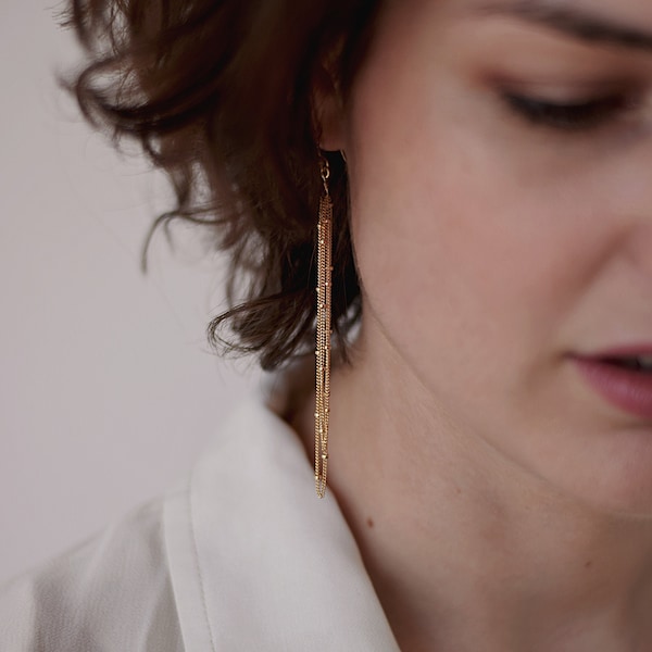 Gold Tassel Earrings, Delicate Satellite Chain Dangles | 14k Gold-Filled