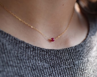 Ruby Necklace, Small Necklace, Tiny Bead Necklace, Dainty Floating Necklace, Solitaire Necklace
