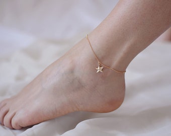 Gold Starfish Anklet, Tiny Charm Anklet | 14k Gold Filled