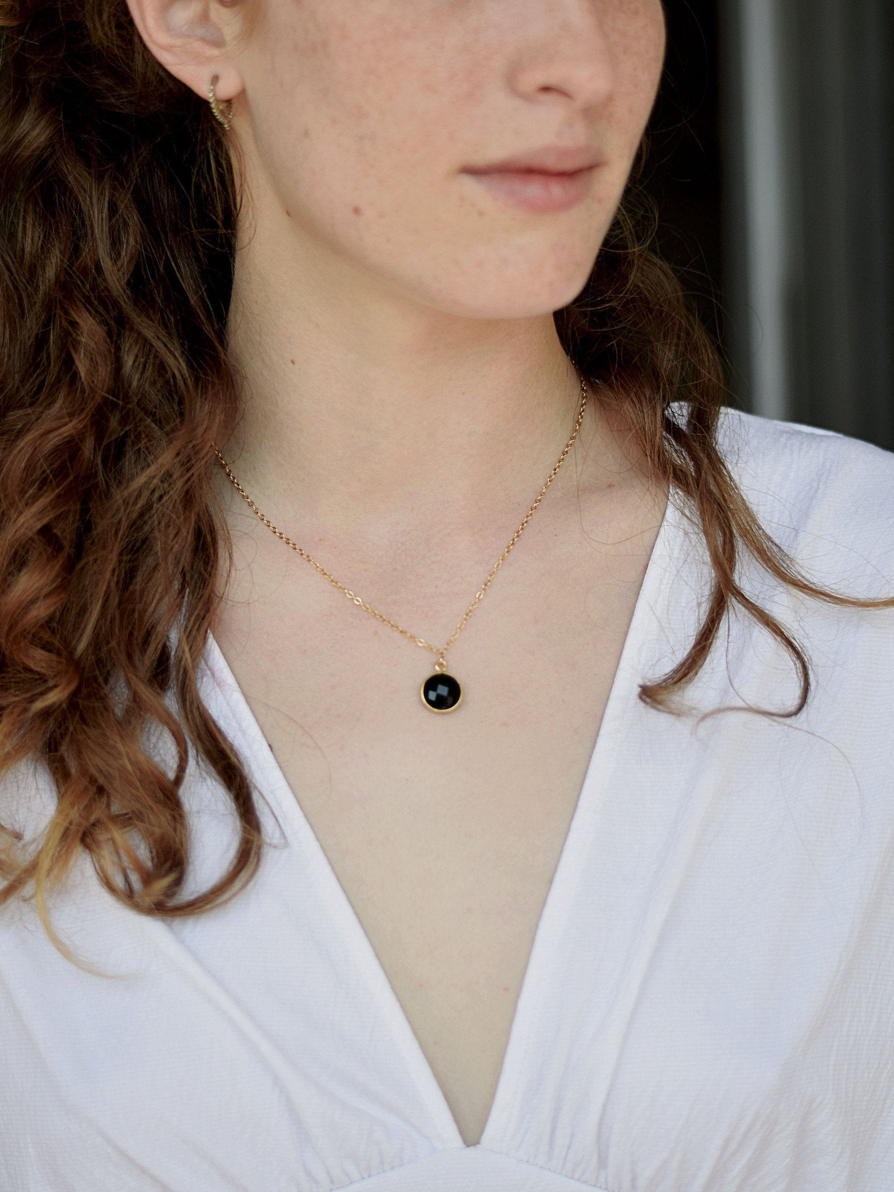 Gold Black Onyx Necklace Elegant Large Round Pendant Necklace for