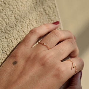 Small Pearl Chain Ring, Tiny Gold Bead Ring, Dainty Freshwater Ring, Mini Gemstone Ring 14k Gold-Filled image 2
