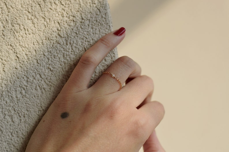 Small Pearl Chain Ring, Tiny Gold Bead Ring, Dainty Freshwater Ring, Mini Gemstone Ring 14k Gold-Filled image 5