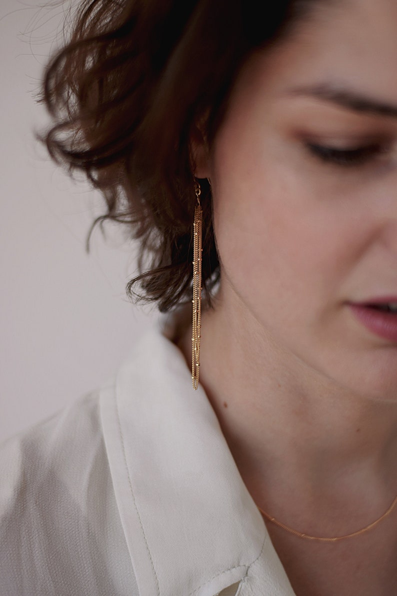 Gold Tassel Earrings, Delicate Satellite Chain Dangles 14k Gold-Filled image 1