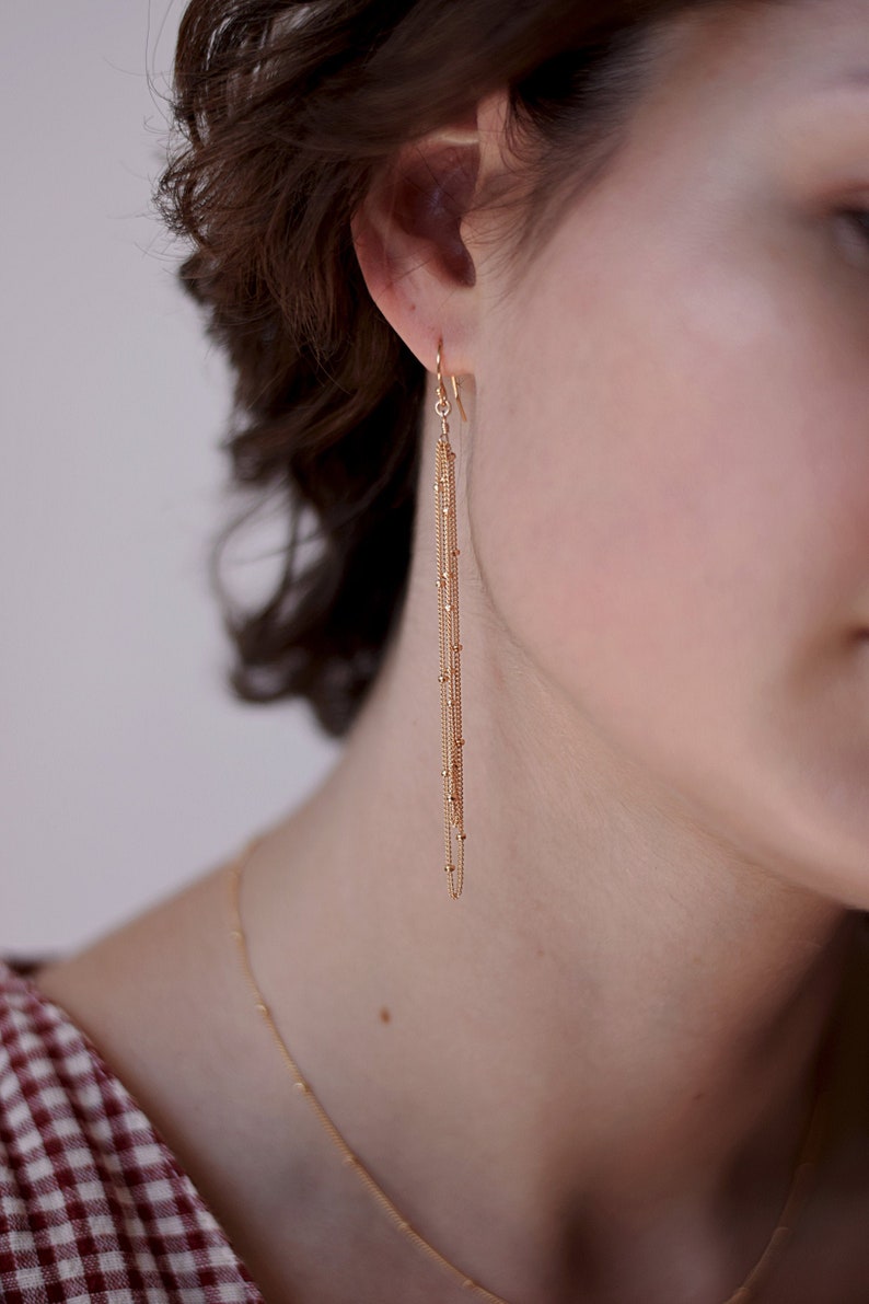 Gold Tassel Earrings, Delicate Satellite Chain Dangles 14k Gold-Filled image 2