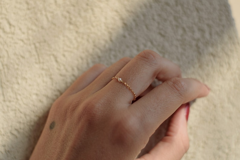 Small Pearl Chain Ring, Tiny Gold Bead Ring, Dainty Freshwater Ring, Mini Gemstone Ring 14k Gold-Filled image 1