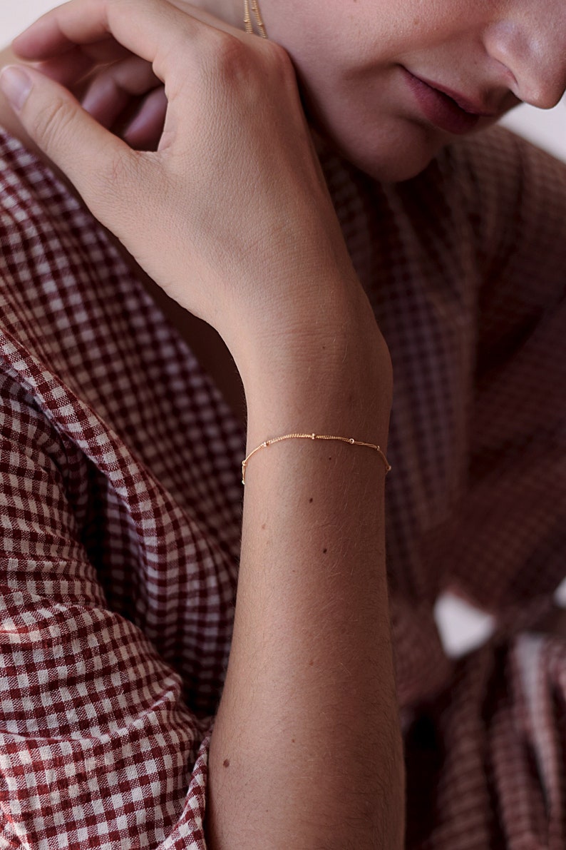 Simple Gold Chain Bracelet, Dainty Beaded Bracelet, Thin Satellite Chain Bracelet 14k Gold-Filled image 1