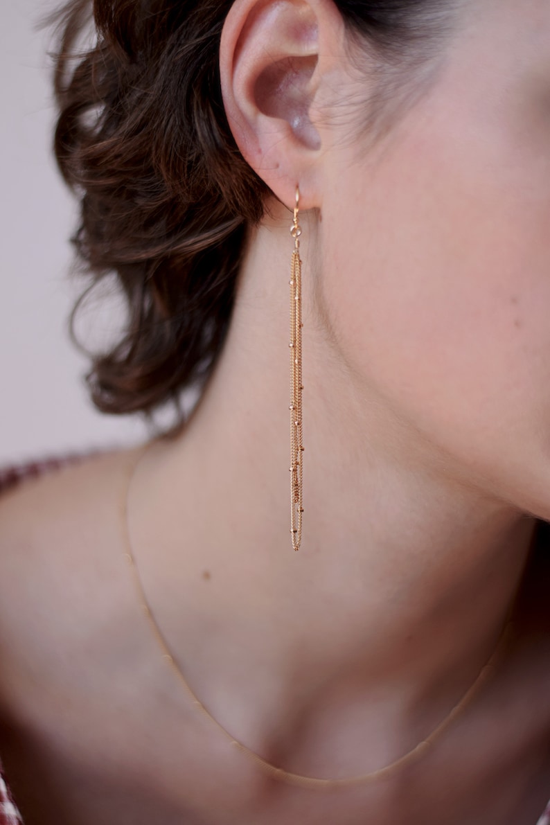 Gold Tassel Earrings, Delicate Satellite Chain Dangles 14k Gold-Filled image 4
