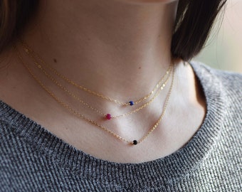 Gold-Filled Bead Necklace, Single Blue Lapis Lazuli Choker, Dainty Red Ruby Necklace | 14 Gold-Filled