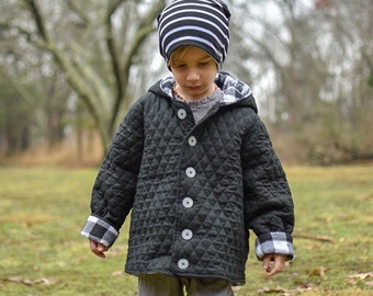 Monochrome black white buffalo plaid Button front AWHI coat Quilted cotton, flannel lined, hooded or collar for boys girls
