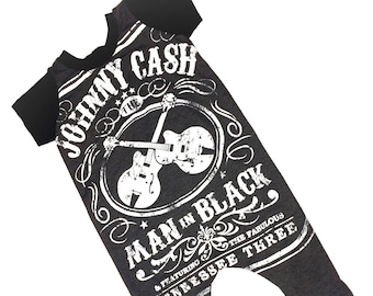 Johnny Cash man in black upcycled tshirt harem romper  upcycle custom sizing repurposed eco friendly recycled