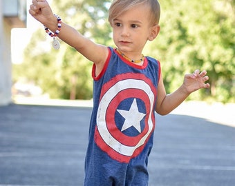 Super hero america shield harem slip on romper tshirt upcycle custom sizing repurposed eco friendly recycled