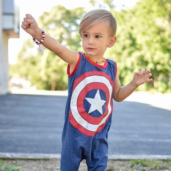 Super hero america shield harem slip on romper tshirt upcycle custom sizing repurposed eco friendly recycled