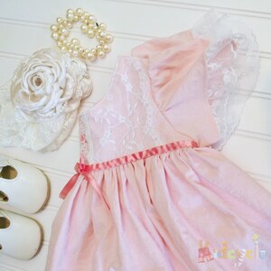 vintage length lace trim pink dress, angel flutter sleeves, matching bloomers. Easter spring image 4