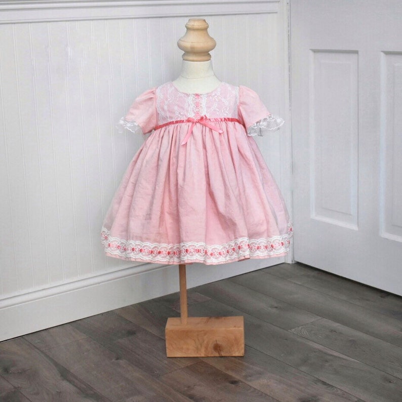 vintage length lace trim pink dress, angel flutter sleeves, matching bloomers. Easter spring image 1