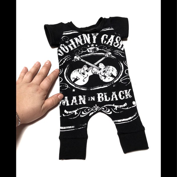 PREMIE NEWBORN Johnny Cash man in black upcycled tshirt harem romper  upcycle custom sizing repurposed eco friendly recycled