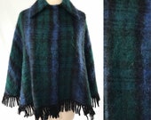 vintage scottish tartan plaid cape vintage wool fringe cape blue green plaid wool mohair cape glenrannoch scotland