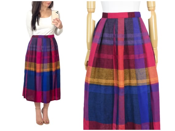 1980s rainbow plaid midi skirt | vintage rainbow s