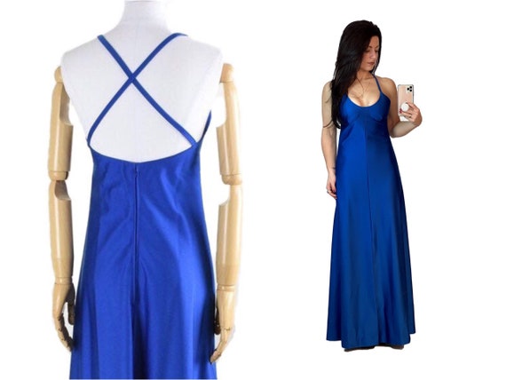 1970s blue prom dress | backless prom dress | 1970