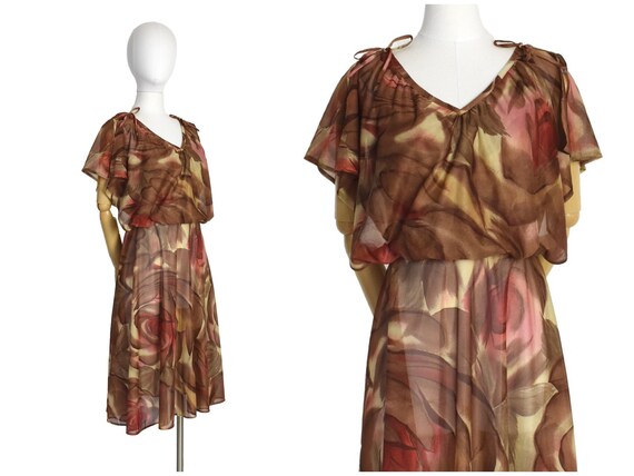 1970s brown rose print flutter sleeve dress | disc