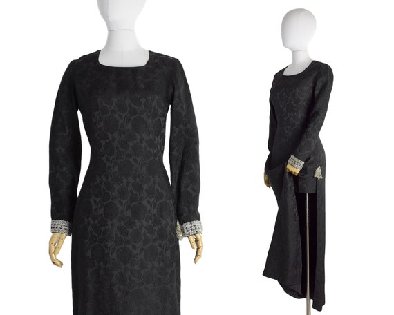 1970s black brocade long sleeve evening dress with