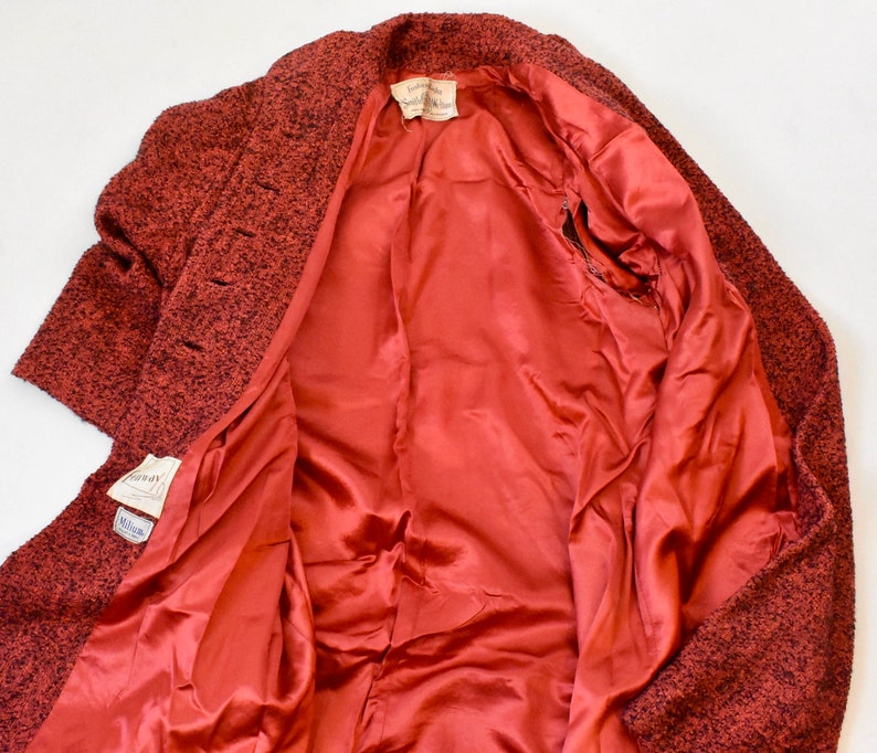 milium insulated fabric 50s vintage clothing women hot pink button coat 1950s red boucle tweed cocoon coat medium large