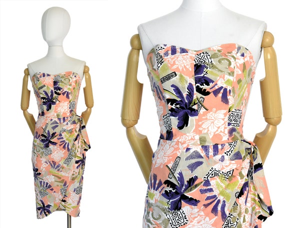 1980s tropical sarong dress | strapless floral sar