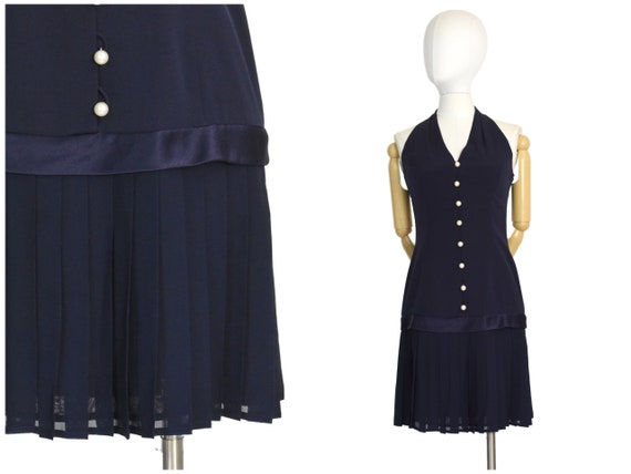 1990s navy drop waist pleated dress | vintage work