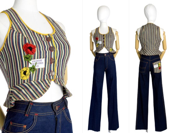 1970s dark denim long pant set | floral striped de