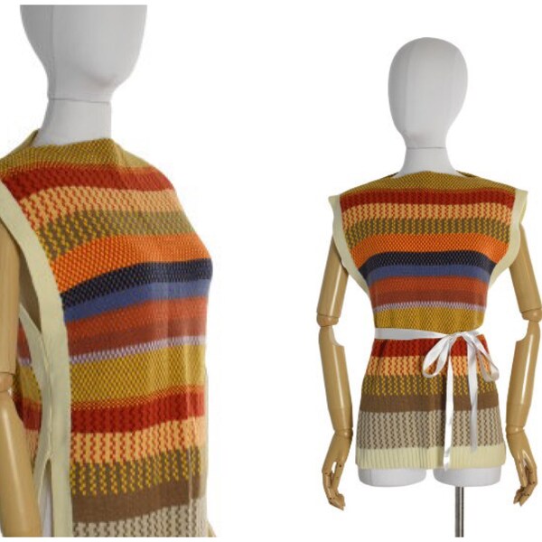 1970s sleeveless striped knit sweater | bateau neck sweater vest | boxy rainbow striped sweater | 70s vintage clothing | xs small