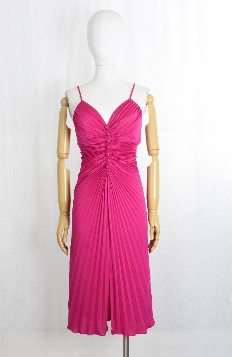 xs 1970s hot pink pleated disco dress 70s does 50s style vintage clothing studio 54 disco dress new leaf by samir