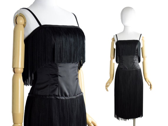 1950s black taffeta fringe cocktail dress | 50s do