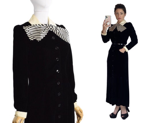 1930s black velvet shirtwaist dress | 30s striped