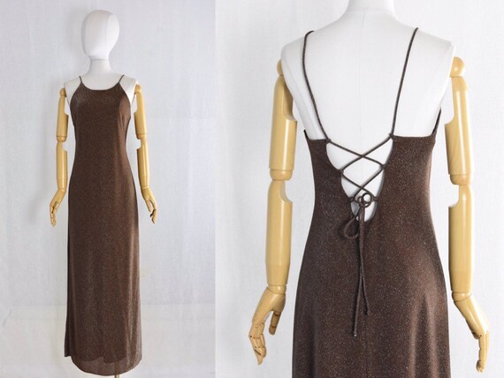 1990s metallic corset back slip dress | prom dress